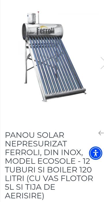 Vând panou solar nepresurizat, Ferroli, din inox, capacitate 120 litri