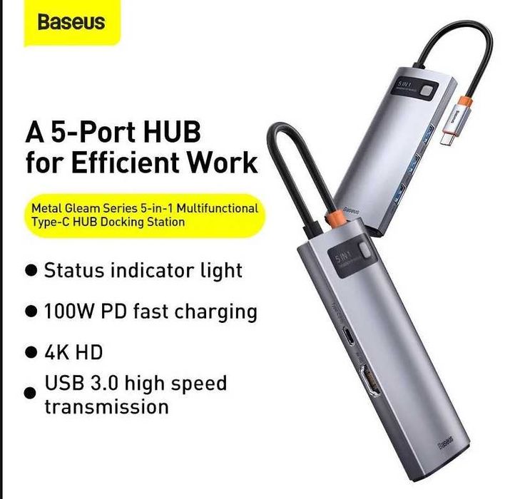 Baseus 5-in-1 USB-C Хаб HDMI 4K, TYPE-C 100W, 3X USB. Есть доставка