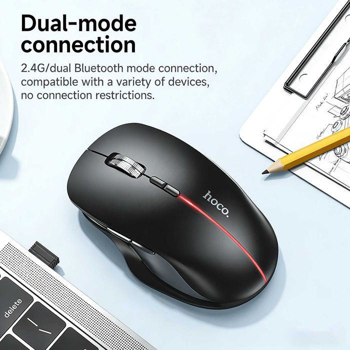 Mouse Wireless HOCO GM40 Dixon RGB, 2.4G + Bluetooth, 400mAh, 7 Butoane, Negru