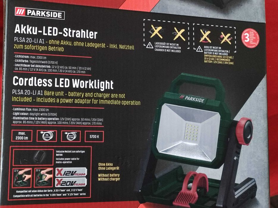 Garantie! Proiector Parkside PLSA 20-Li A1 merge la 12v,20v si 230v!
