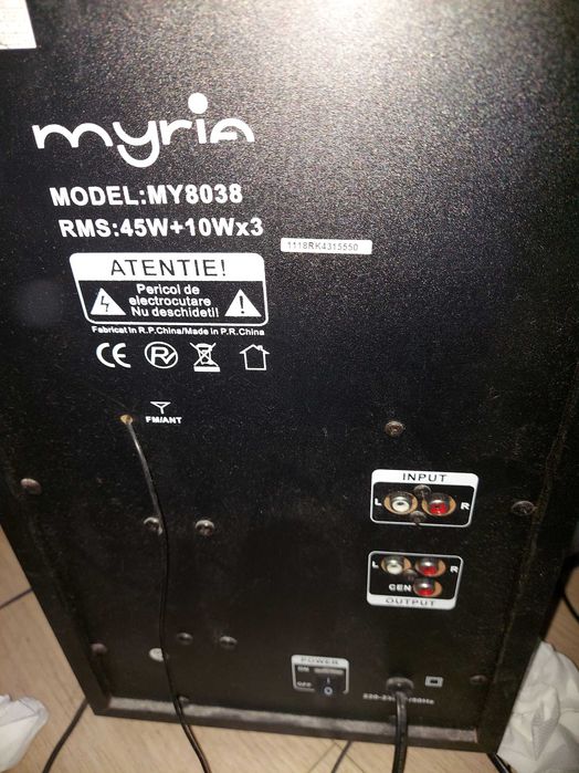 Vând sistem audio Myria MY8038 (3.1), în stare bună, perfect funcțional.