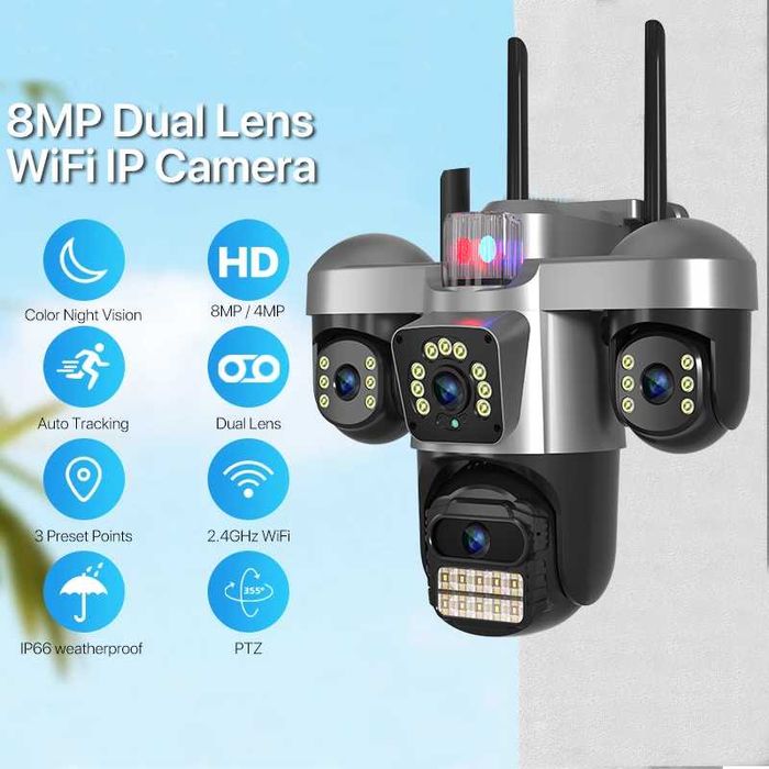 Външна Wifi камера с 4 лещи въртящи 4х12MP/ 36 диода/ ICSEE безжична нощно виждане