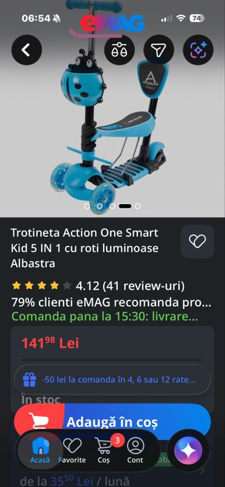 Trotineta Action One Smart Kid 5 IN 1 cu roti luminoase Albastra
