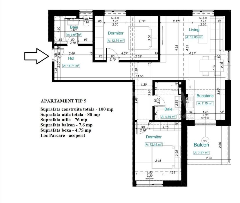 BLOC NOU | 3 camere | 107 mpc  | Boxa 6 mp