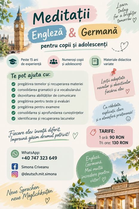 Meditații Engleză/Germană pentru copii și adolescenți/  15+ ani experiență