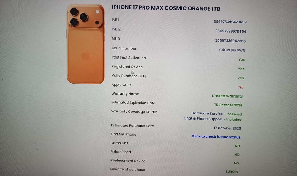 Iphone 17 Pro Max 1TB Cosmic Orange/Neverlocked/Baterie: 100%/Garantie Octombrie 2026 ID11184