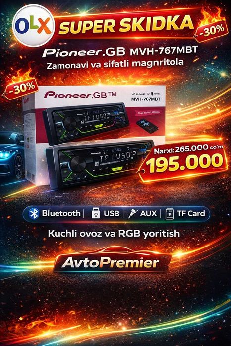 Magnitafon 767 BT Bluetooth Radio,USB, AUX, Rangi o'zgaradi