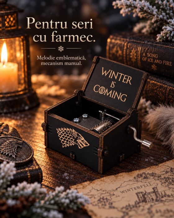 Cutiuță Muzicală Game of Thrones „Winter Is Coming” cu Manivelă – Cadou de Colecție 14+
