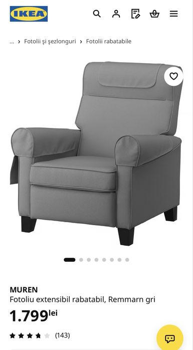 Fotoliu IKEA MUREN extensibil/rabatabil – gri – aproape nou