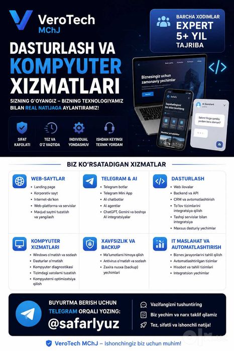 Dasturlash va kompyuter xizmatlari | Sayt, Telegram bot, AI