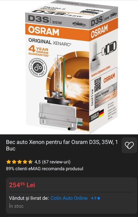 Set 2 becuri Xenon pentru far Osram D3S, 35W,
