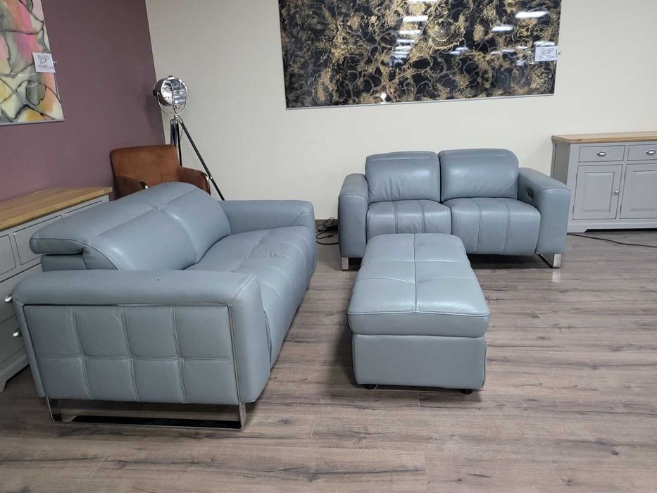 Сив кожен комплект дивани две двойки и табуретка