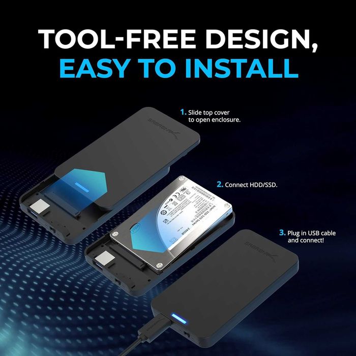 Carcasă externă Sabrent USB 3.0 pentru HDD/SSD SATA 2.5" – Tool-Free, UASP, până la 5 Gbps