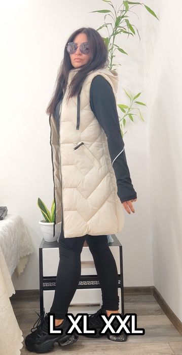 РАЗПРОДАЖБА Дамски дълъг елек - грейка с качулка L XL XXL Удобен! Прак