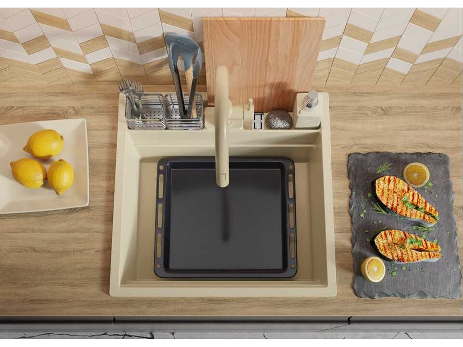 беж кухненска мивка за вграждане Берген 60 Double Pocket 560x540 мм