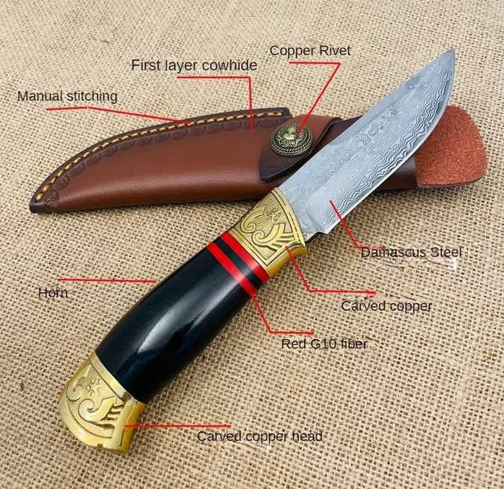 Cutit Damasc Mongol Blade, teaca piele prelucrata manual