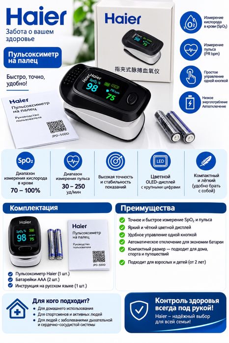 Пульсоксиметр на палец Haier Сатурация