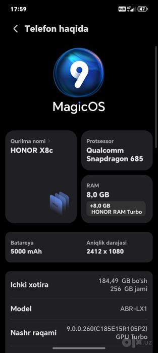 honor x8c holati ideal