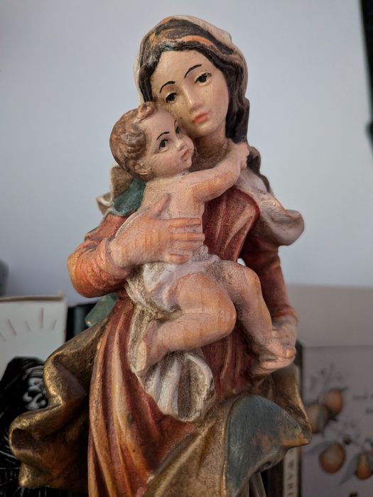 Statuetă Lemn sculptată și pictată manual, Fecioara Maria și Pruncul Iisus