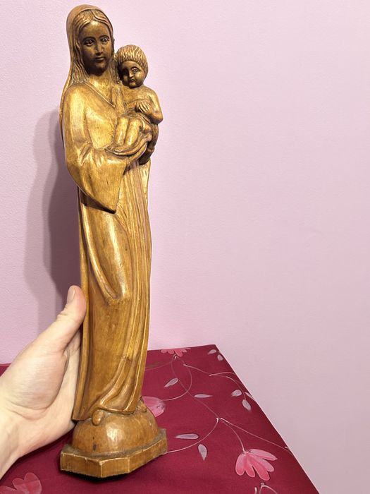 Statuetă vintage din lemn masiv – Maica Domnului cu Pruncul