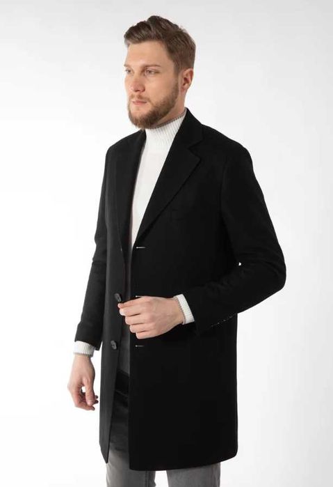 Palton slim premium CENTONE 52 XL gri inchis si negru lana moale