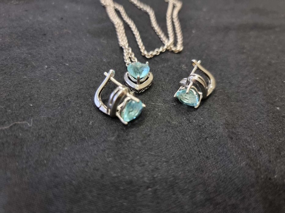 Сребърни бижута, комплект синджир, висулка и обеци,