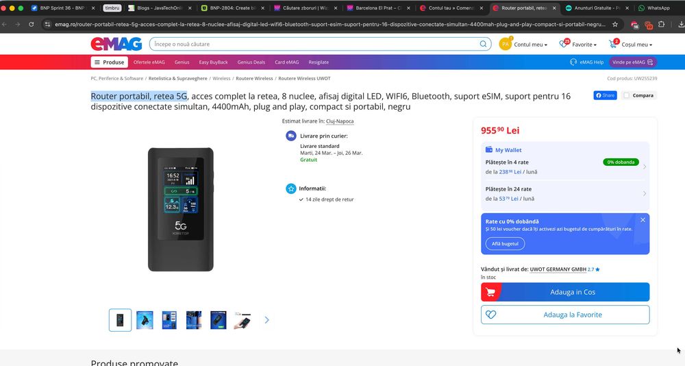 Router  cu cartela SiM pe baterie, 5G, afisaj LED, WIFI6, hotspot