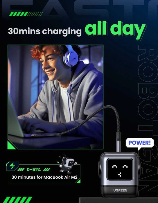 UGREEN CD361 Uno RG 65W GaN 2C+U EU Plug For Laptop/Macbook/Ultrabook