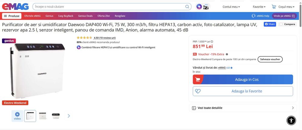 Purificator de aer si umidificator Daewoo DAP400 Wi-Fi