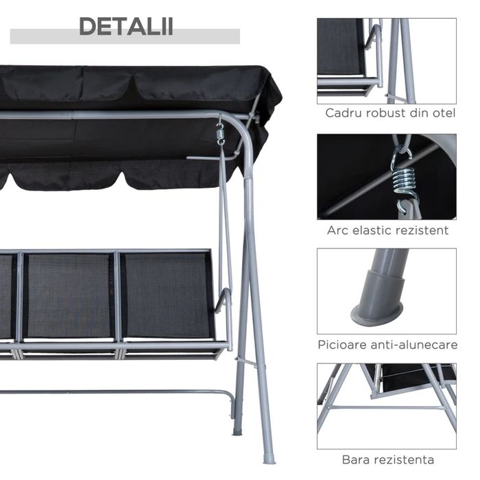 Outsunny Balansoar de Gradina cu 3 Locuri din Metal Acoperis Copertina Detasabil, Nou