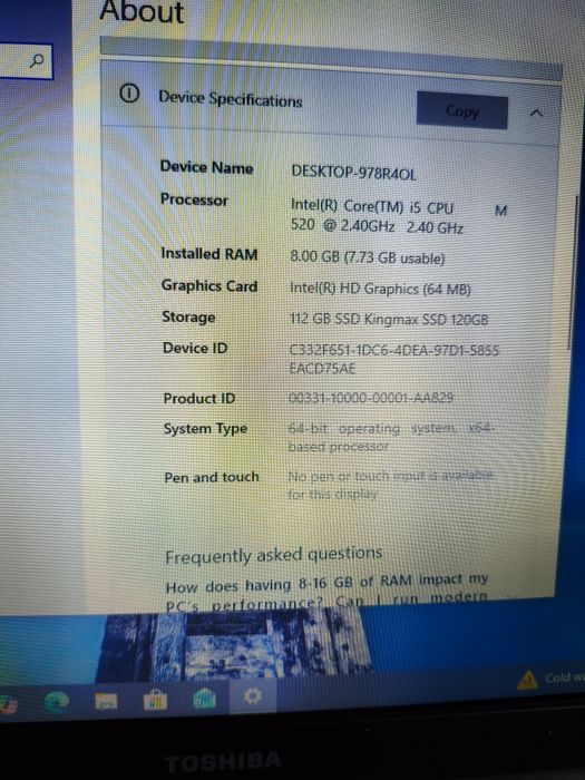 Toshiba tecra i5 8gb ram ssd