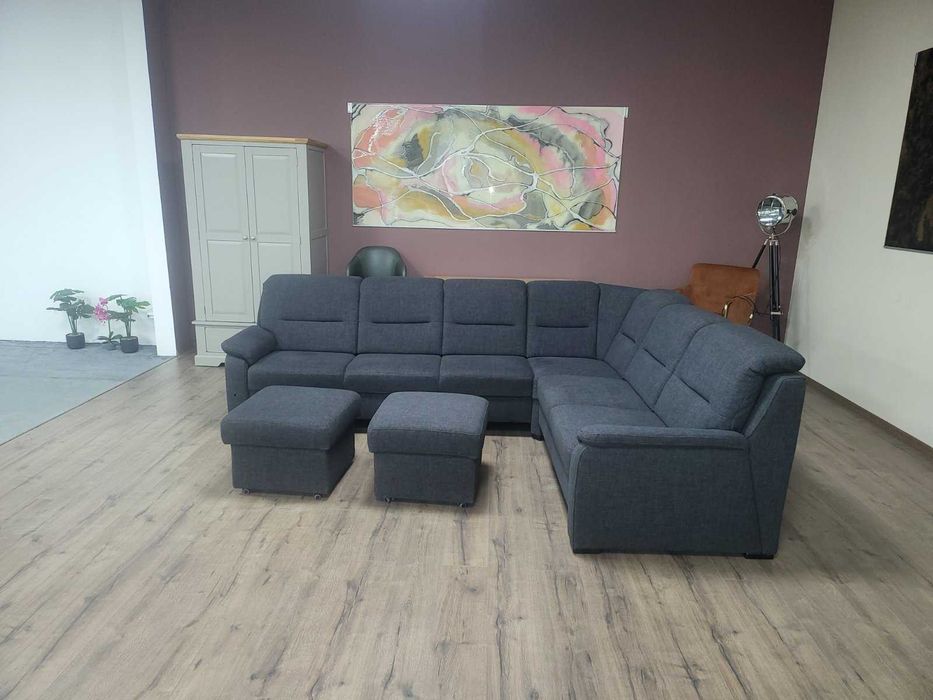 ПРОМОЦИЯ! Тъмно сив ъглов диван от плат и две табуретки POLIPOl