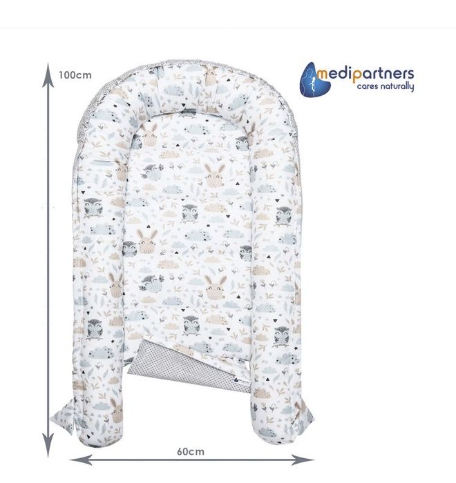 Set de 5 piese Cosulet bebe, Medi Partners, Model Poiana cu animale, cu insertie detasabila, Perna fluture, patura, perna plata, 100x60x15cm, Gri/Bej