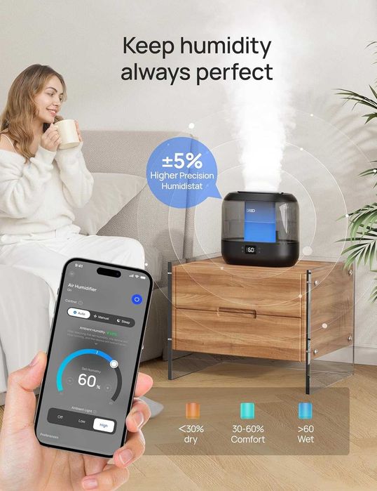 Dreo Smart овлажнители за спалня, пълнене отгоре 4L, 28 dB, 36 часа