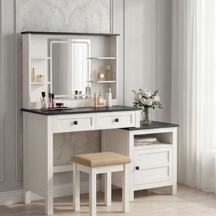 Стилна Тоалетка за Гримиране с LED Осветление и Допълнителен Шкаф