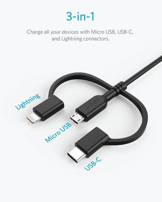 Anker Powerline II 3 in 1 USB-micro+USB-C+Lightning кабел,черен/бял