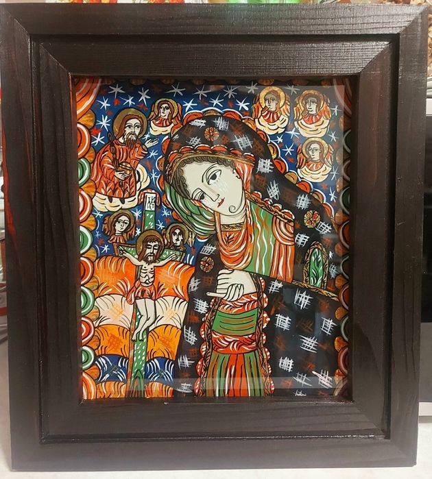 Icoană pictată pe sticlă " Maica Domnului Indurerată "