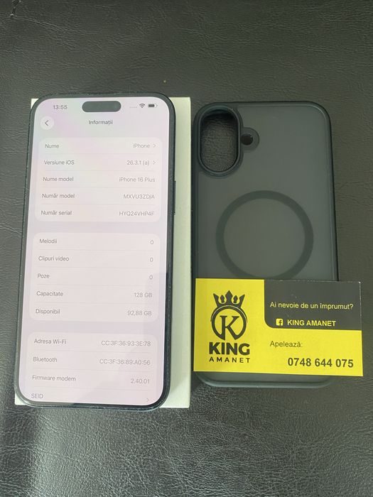 Vand iphone 16 plus ,128 gb,100% sanatate baterie,35 cicluri de incarcare,garantie pana in octombrie 2026