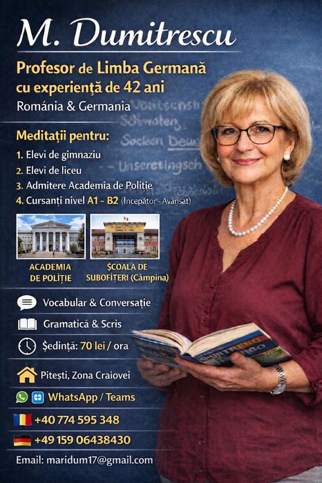 Meditații Germană A1–B2 | Profesor cu 42 ani experiență RO & DE