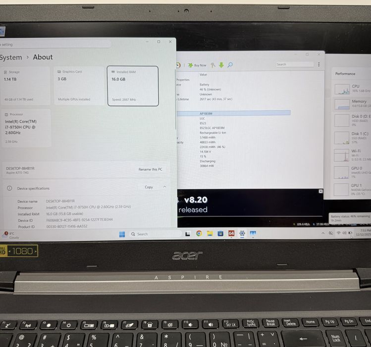 Acer Apsire 7/15,6” IPS/i7-9750H/NVIDIA GTX1050/16GB/1TB+128GB SSD