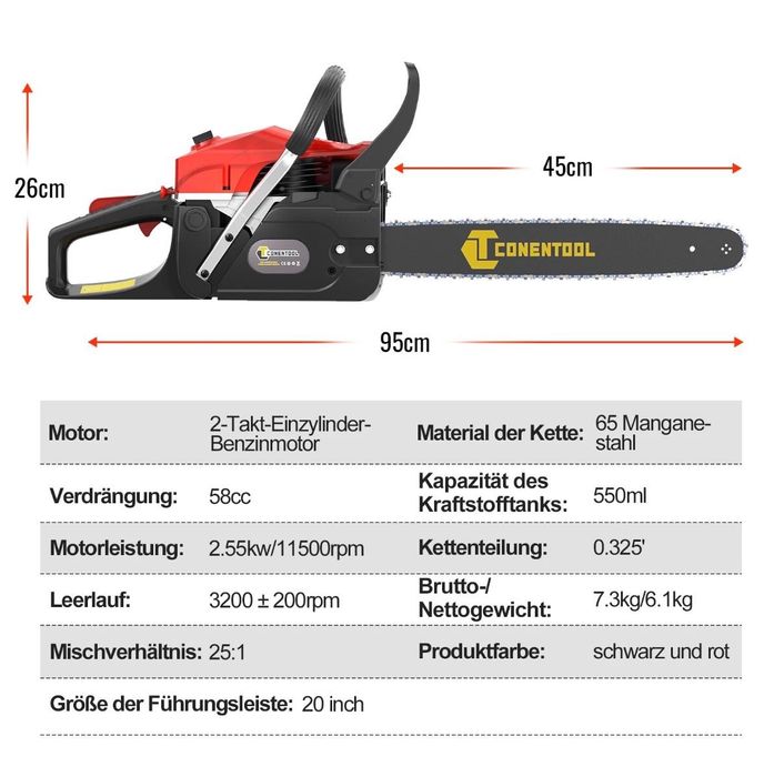 Бензинов трион 58cc двутактов едноцилиндров двигател 2.55kW трион
