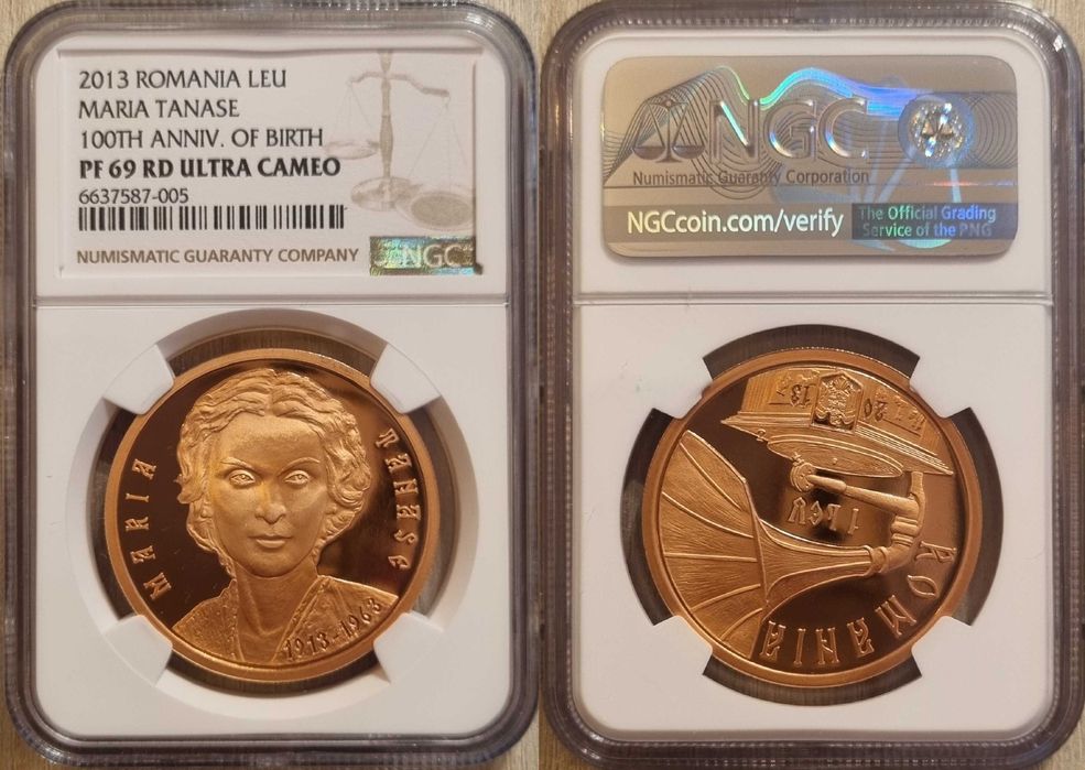 Moneda BNR 1 Leu tombac Maria Tanase gradata NGC PF 69 UC
