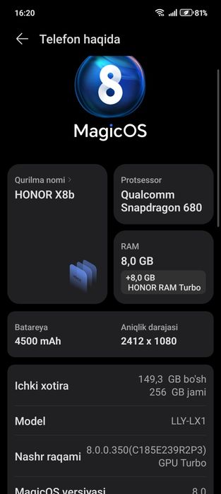 Honor X8b Sotiladi. xotira 256