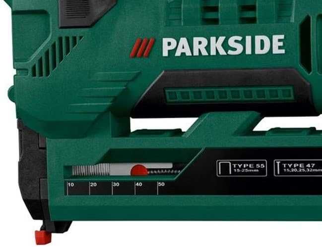 Capsator pe acumulator 20V,  model Parkside 20 V PAT 20-Li A1, LED integrat, magazie cu indicator de umplere, Verde