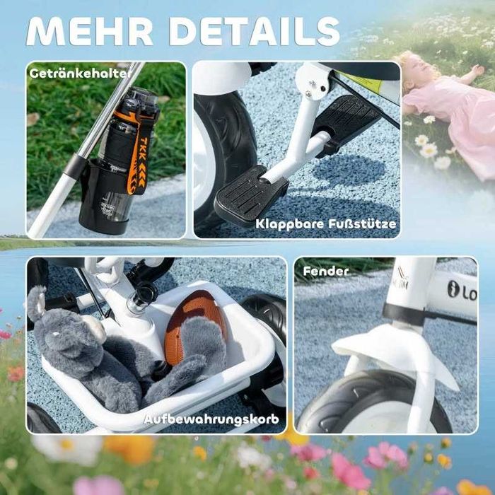 Детска триколка HOMCOM 6 в 1 с лост за бутане, сенник, колан, за 1-5 г