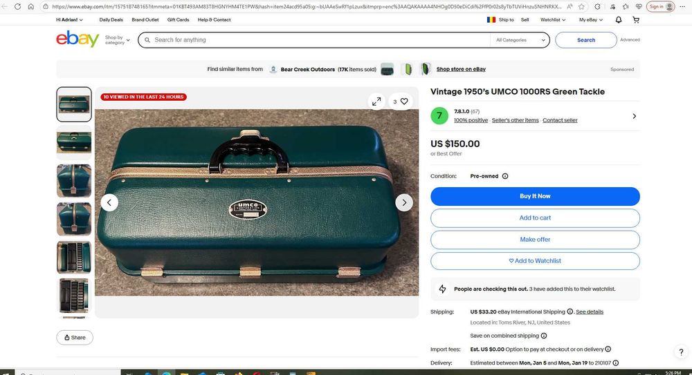 Cutie de pescuit vintage UMCO 1000RS (anii 1950) – verde USA