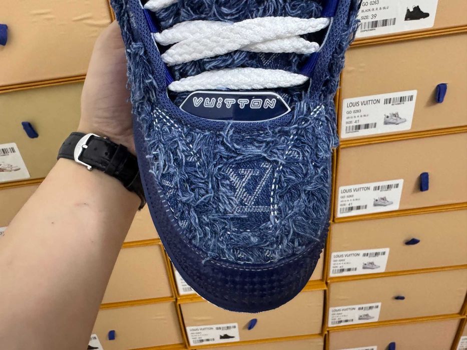 Louis Vuitton LV Trainer Maxi Sneaker Dark Blue Distressed Denim.