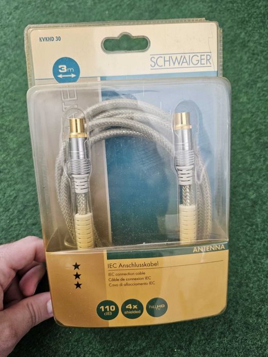Cablu Antenă TV Schwaiger 3m, 4x Ecranat, 110 dB, Mufe Aurite (Nou)