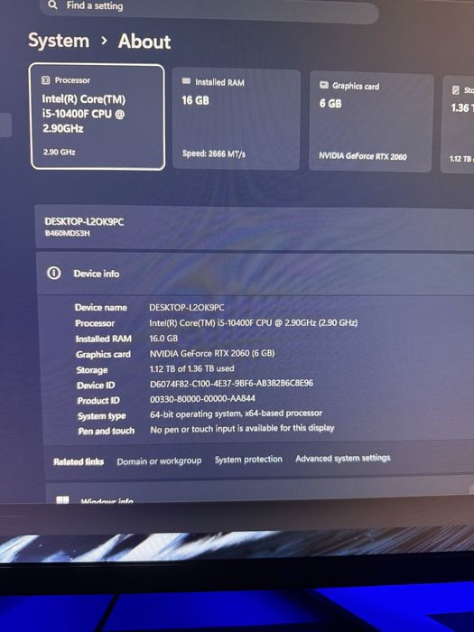 Pc gaming I5 10400F, RTX 2060, 16GB ram ddr4, ssd 512gb + hdd 1TB