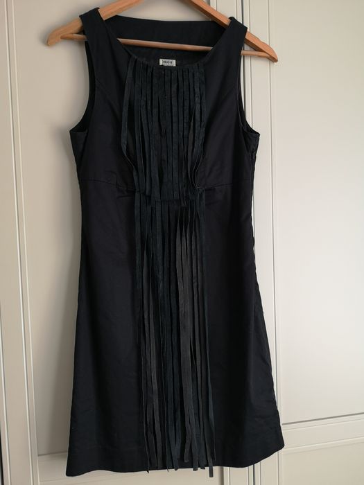 Rochie ocazie cu franjuri din piele, neagra, marime XS
